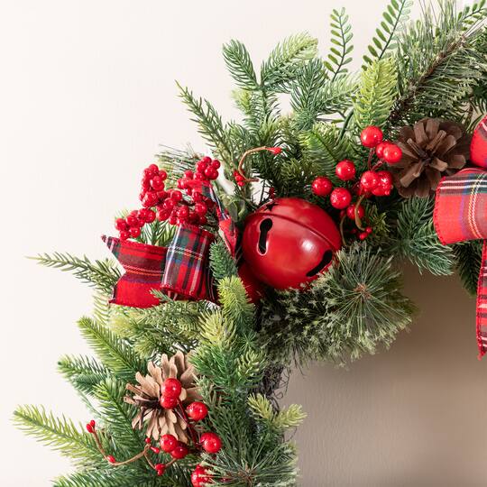 Glitzhome® 26" Christmas Bell Pinecone & Berry Bow Wreath